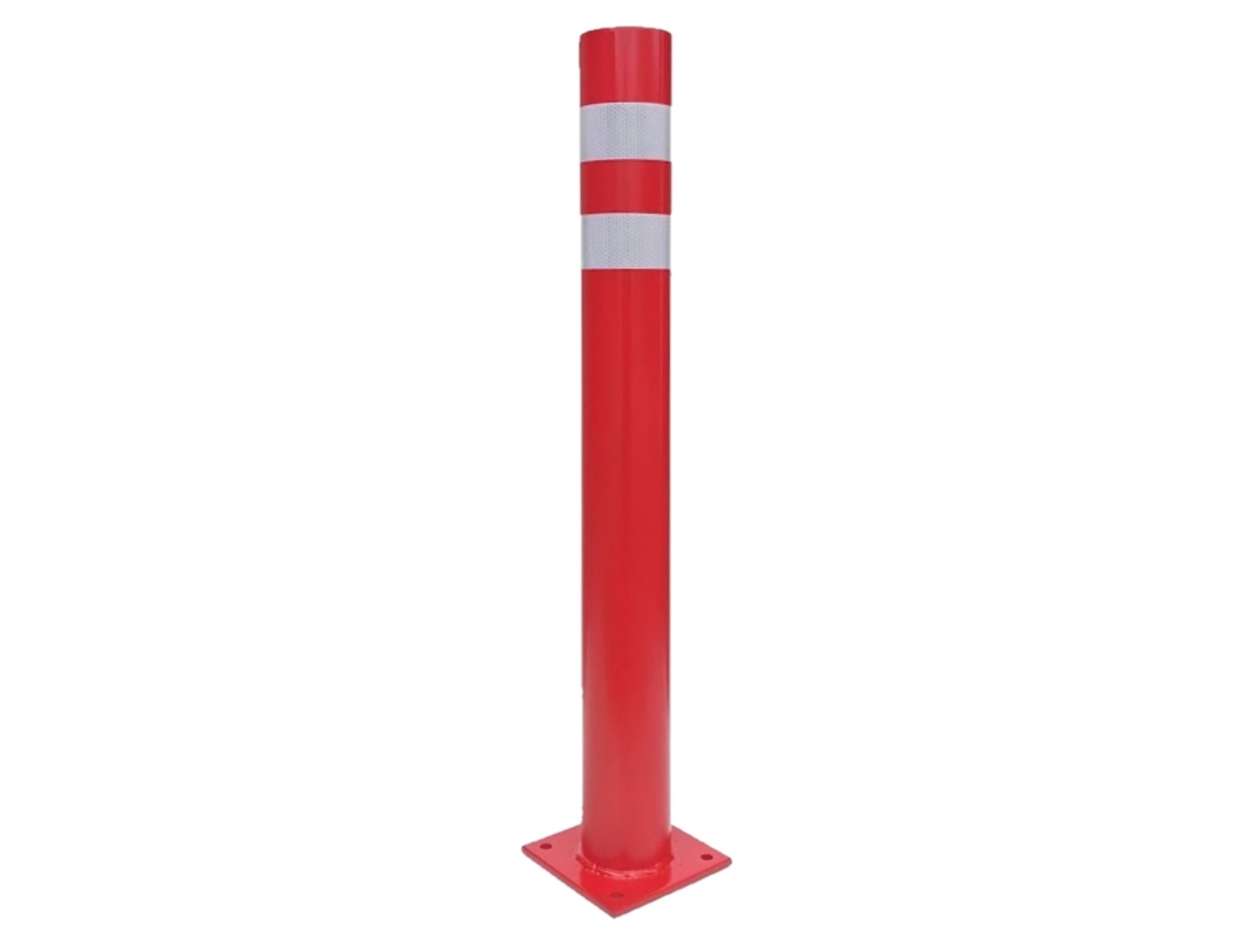 Pilona de seguridad fija roja con doble cinta reflectante con placa diametro 80mm x800mm de altura