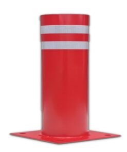 Pilona de alta seguridad fija roja doble cinta reflectantes con placa de 220mm diametro 800mm de altura