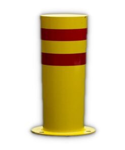 Pilona de alta seguridad fija amarilla doble cinta reflectantes con placa de 220mm diametro 750mm de altura